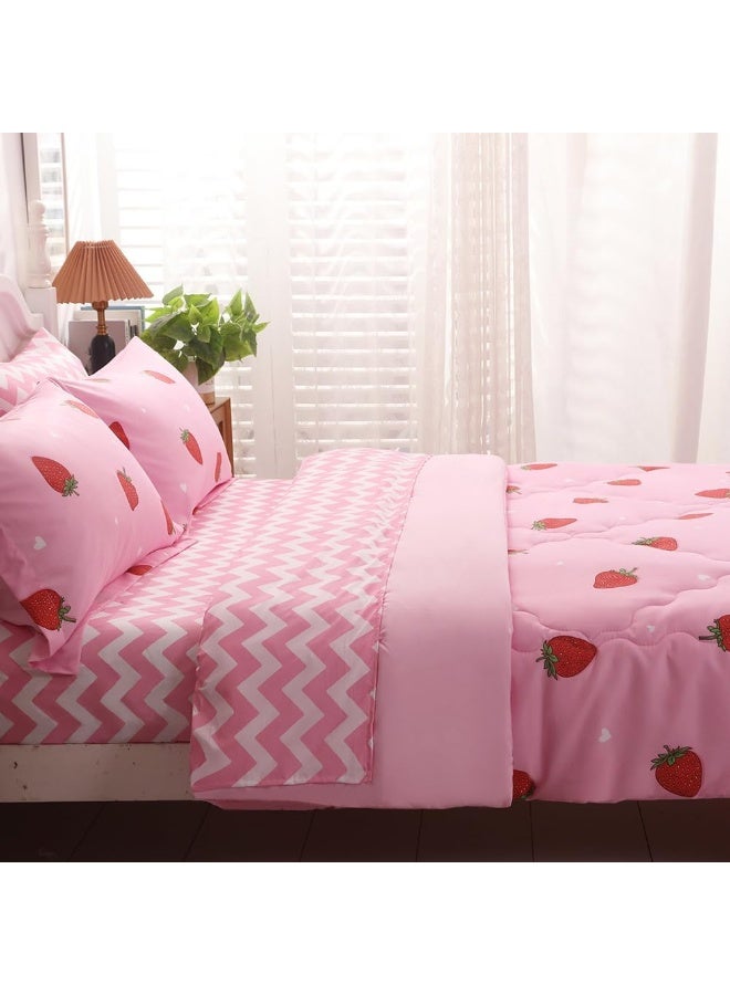 Gusuhome Strawberry Comforter Bedding Set Full Size for Girls 7 Piece Pink Kawaii Comforter Set Bed in A Bag for Kids Teens All Season (1 Comforter,1 Flat Sheet,1 Fitted Sheet and 4 Pillow Sham) - Image 4